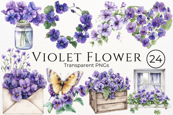 Download Violet Flower Watercolor Clipart - Violet flower Collection
