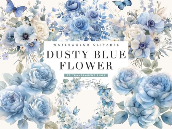 Download Dusty Blue Flower Clipart Bundle - Blue flower Collection