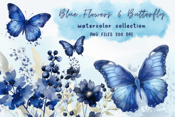 Download Watercolor Blue Flower &amp; Butterfly - Blue flower Collection