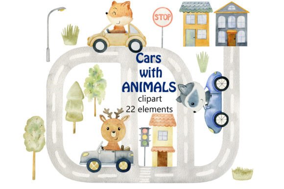 Download Watercolor Animals in the Car, Clipart. - Premium Resources