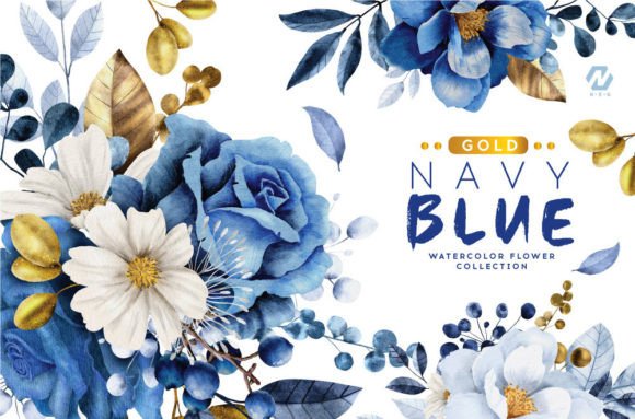 Download Navy Blue Flower and Gold Watercolor - Blue flower Collection