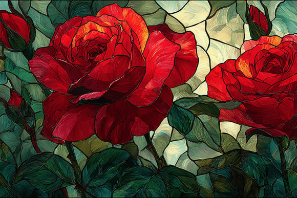 Download Deep Red Rose Garden Stained Glass Art - Garden Collection
