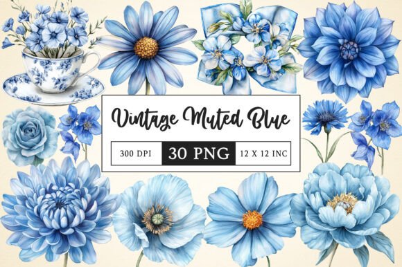 Download Vintage Muted Blue Flower Clipart - Blue flower Collection