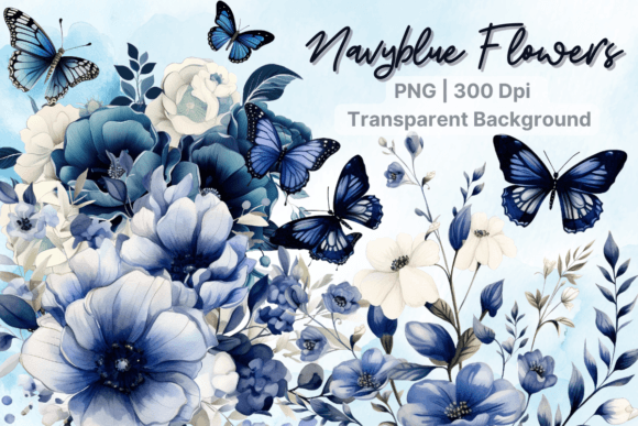 Download Navy Blue Flower, Watercolor Butterfly - Blue flower Collection